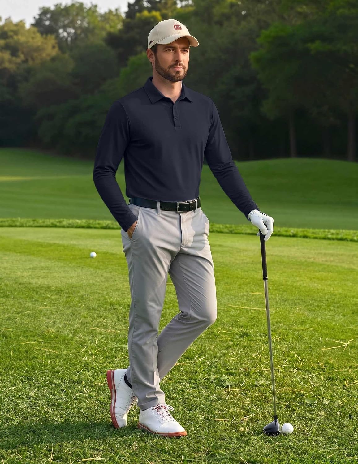 image:imageCOOFANDY Mens Polo Shirts Long Sleeve UPF 50 Moisture Wicking Golf Shirt 3 Button Lightweight Collared Shirts Shape Retaining Classic Basic Polos Ideal for Golf Tennis and Daily Casual WearNavy Blue
