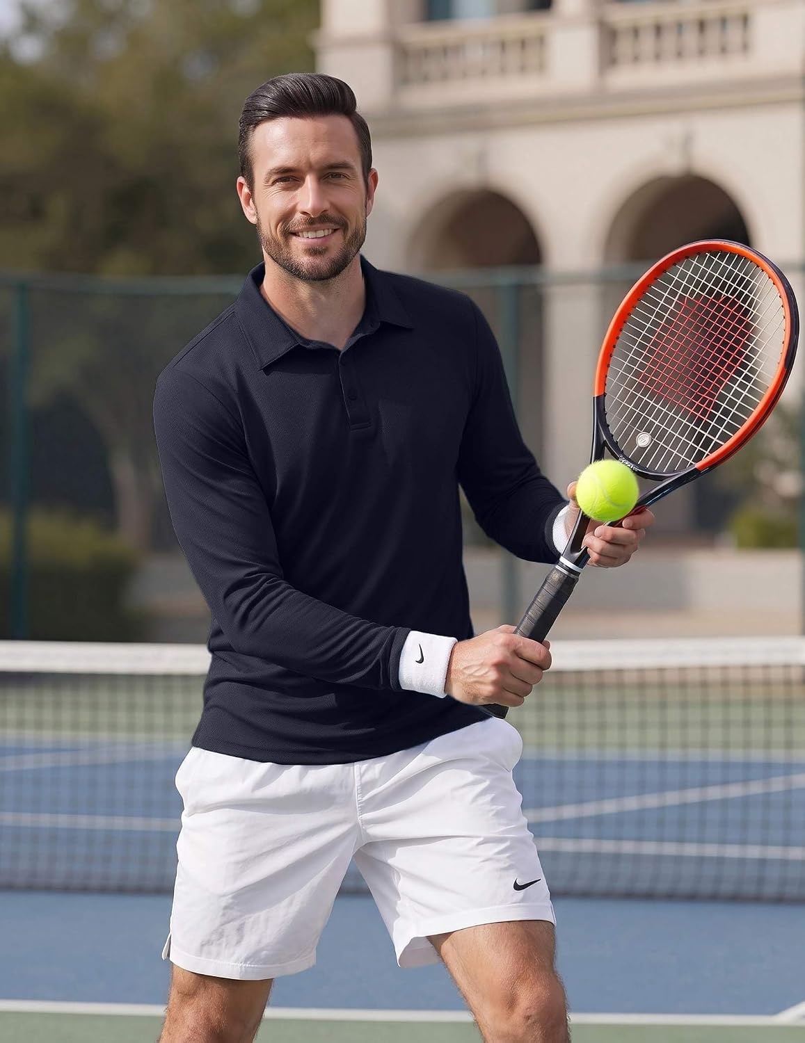 image:imageCOOFANDY Mens Polo Shirts Long Sleeve UPF 50 Moisture Wicking Golf Shirt 3 Button Lightweight Collared Shirts Shape Retaining Classic Basic Polos Ideal for Golf Tennis and Daily Casual WearNavy Blue