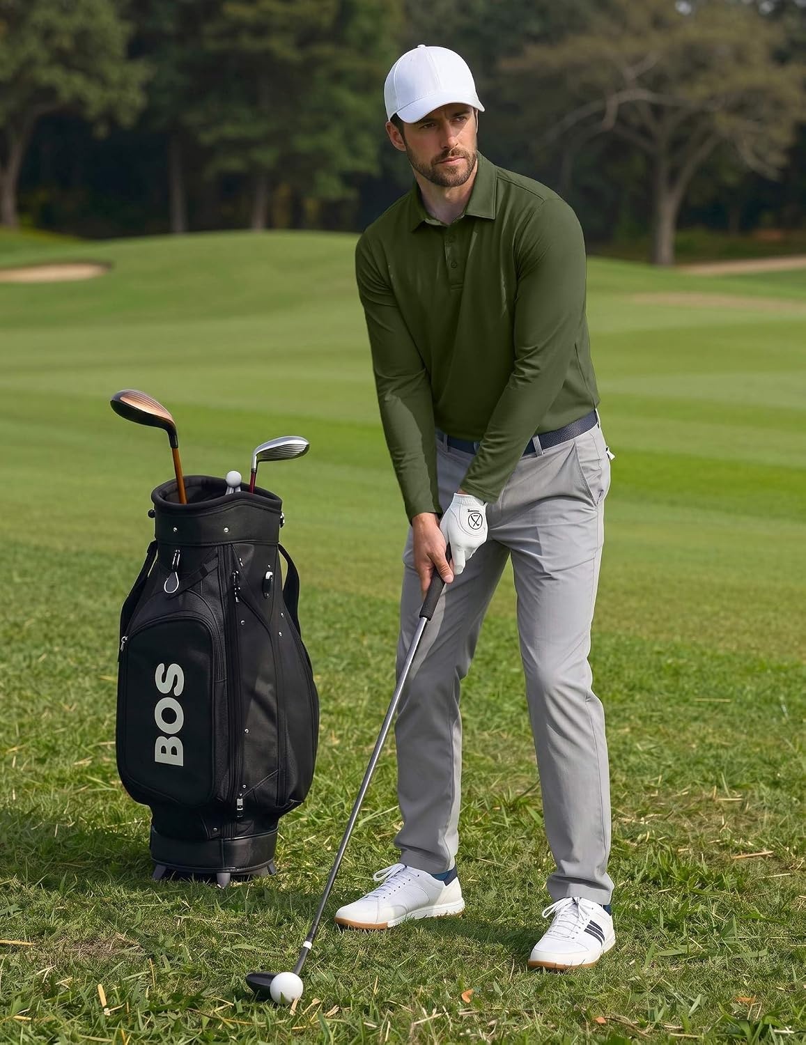 image:imageCOOFANDY Mens Polo Shirts Long Sleeve UPF 50 Moisture Wicking Golf Shirt 3 Button Lightweight Collared Shirts Shape Retaining Classic Basic Polos Ideal for Golf Tennis and Daily Casual WearOlive Green