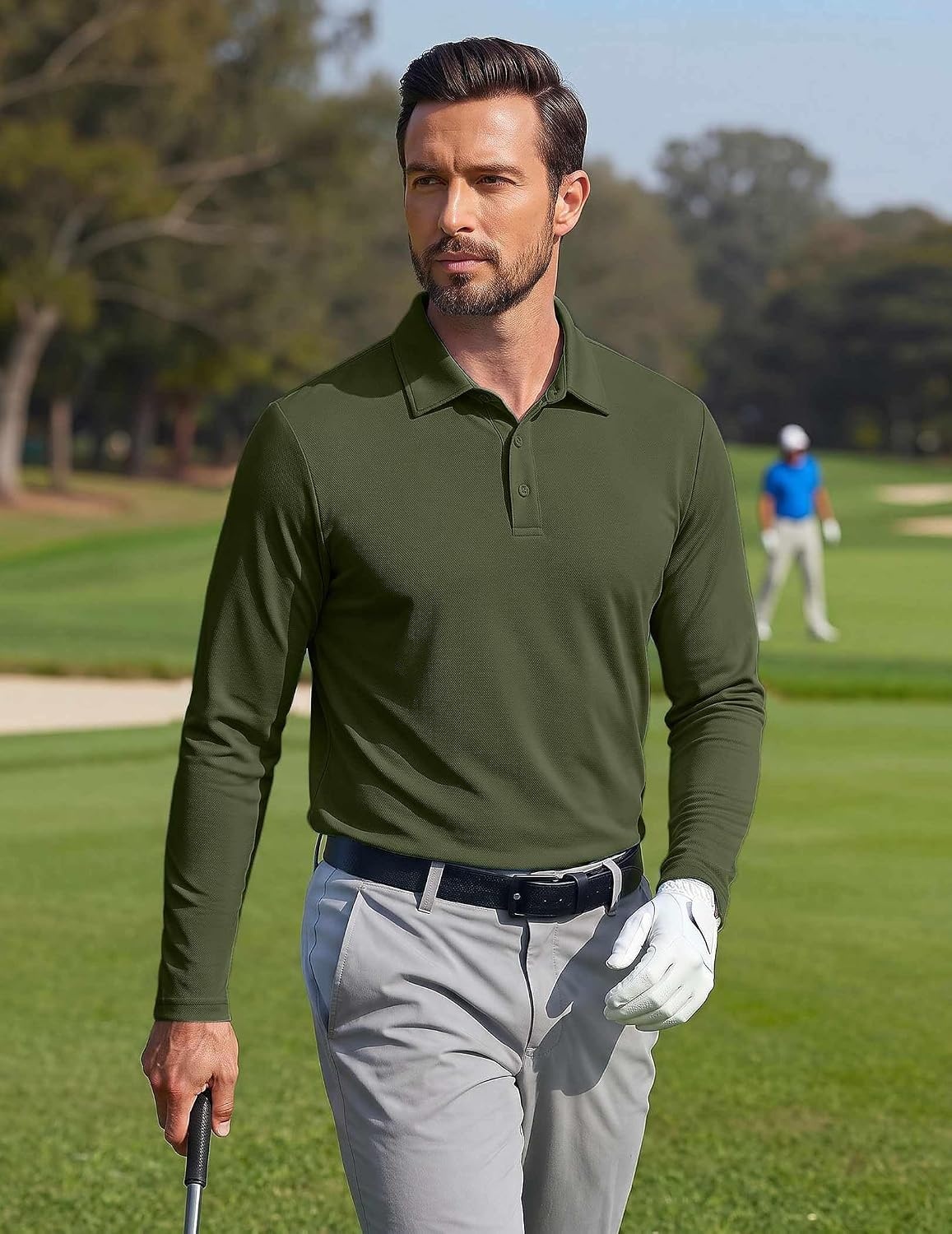 image:imageCOOFANDY Mens Polo Shirts Long Sleeve UPF 50 Moisture Wicking Golf Shirt 3 Button Lightweight Collared Shirts Shape Retaining Classic Basic Polos Ideal for Golf Tennis and Daily Casual WearOlive Green
