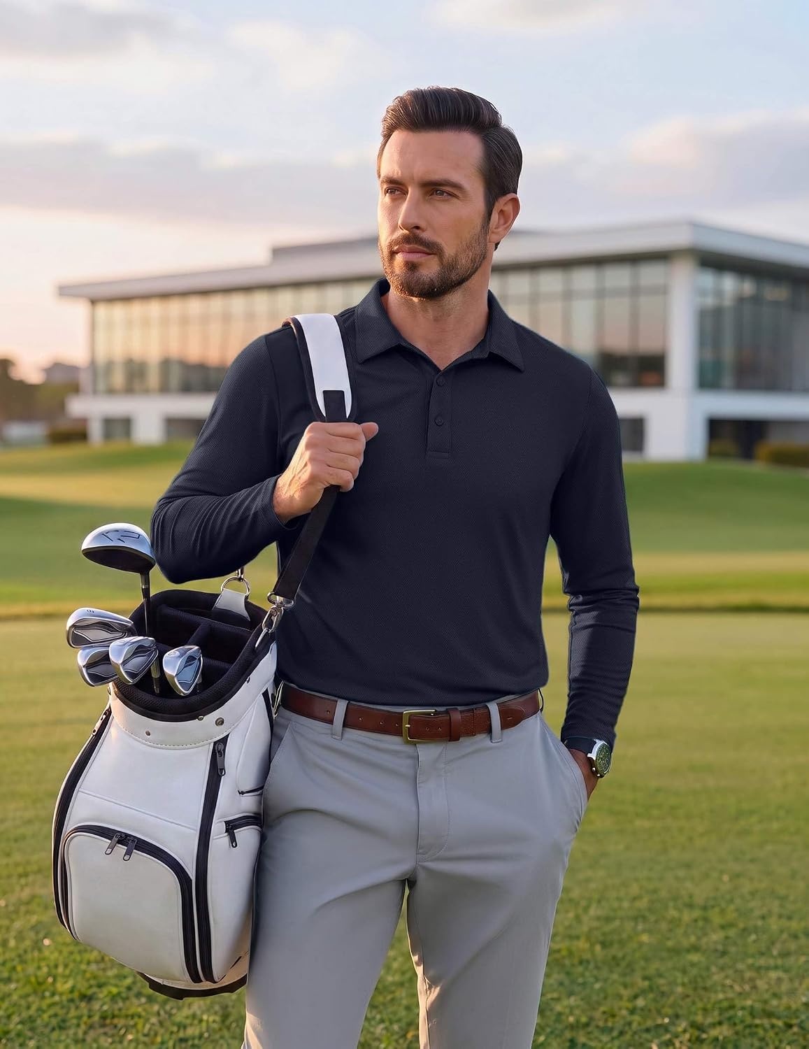 image:imageCOOFANDY Mens Polo Shirts Long Sleeve UPF 50 Moisture Wicking Golf Shirt 3 Button Lightweight Collared Shirts Shape Retaining Classic Basic Polos Ideal for Golf Tennis and Daily Casual WearNavy Blue