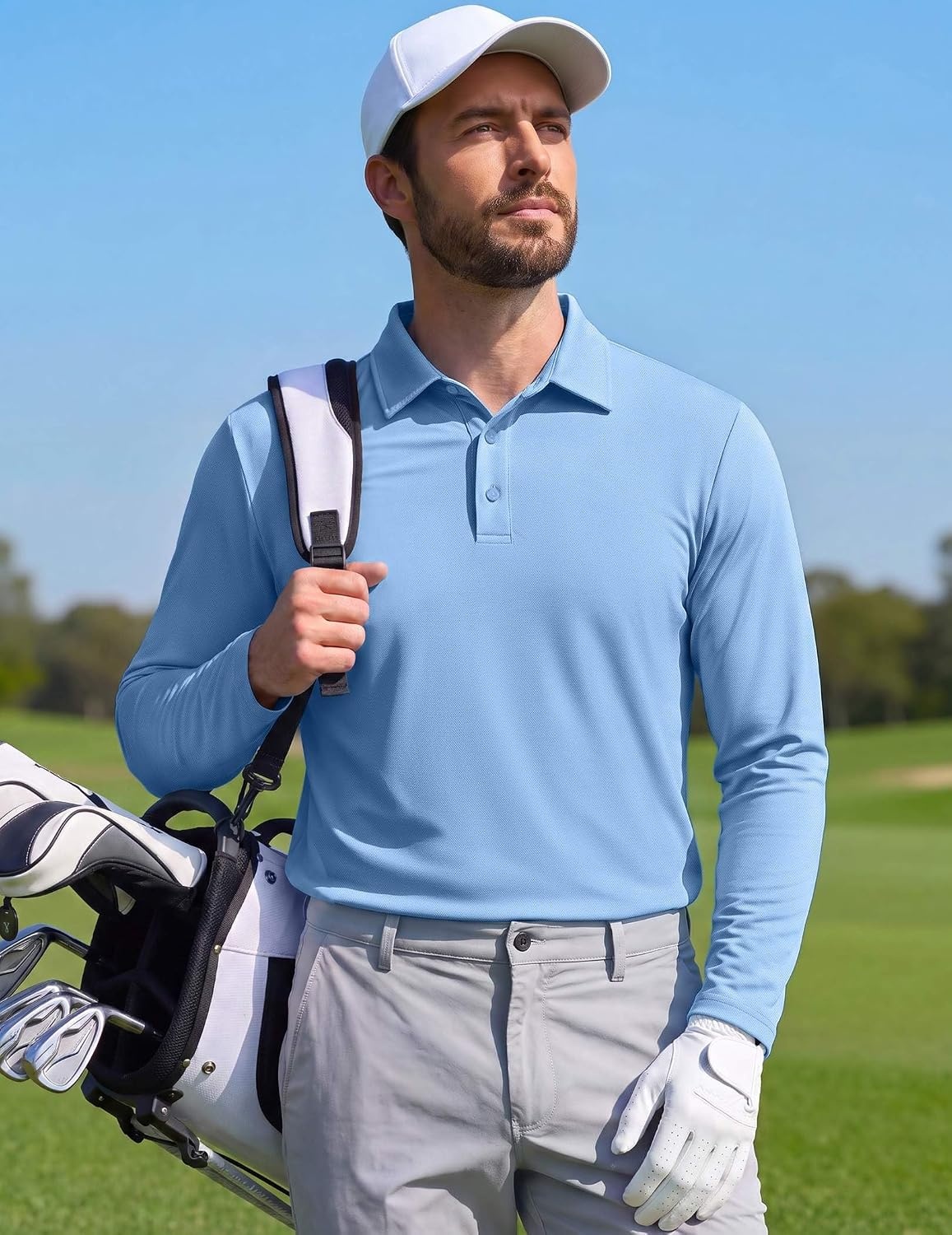 image:imageCOOFANDY Mens Polo Shirts Long Sleeve UPF 50 Moisture Wicking Golf Shirt 3 Button Lightweight Collared Shirts Shape Retaining Classic Basic Polos Ideal for Golf Tennis and Daily Casual WearSky Blue