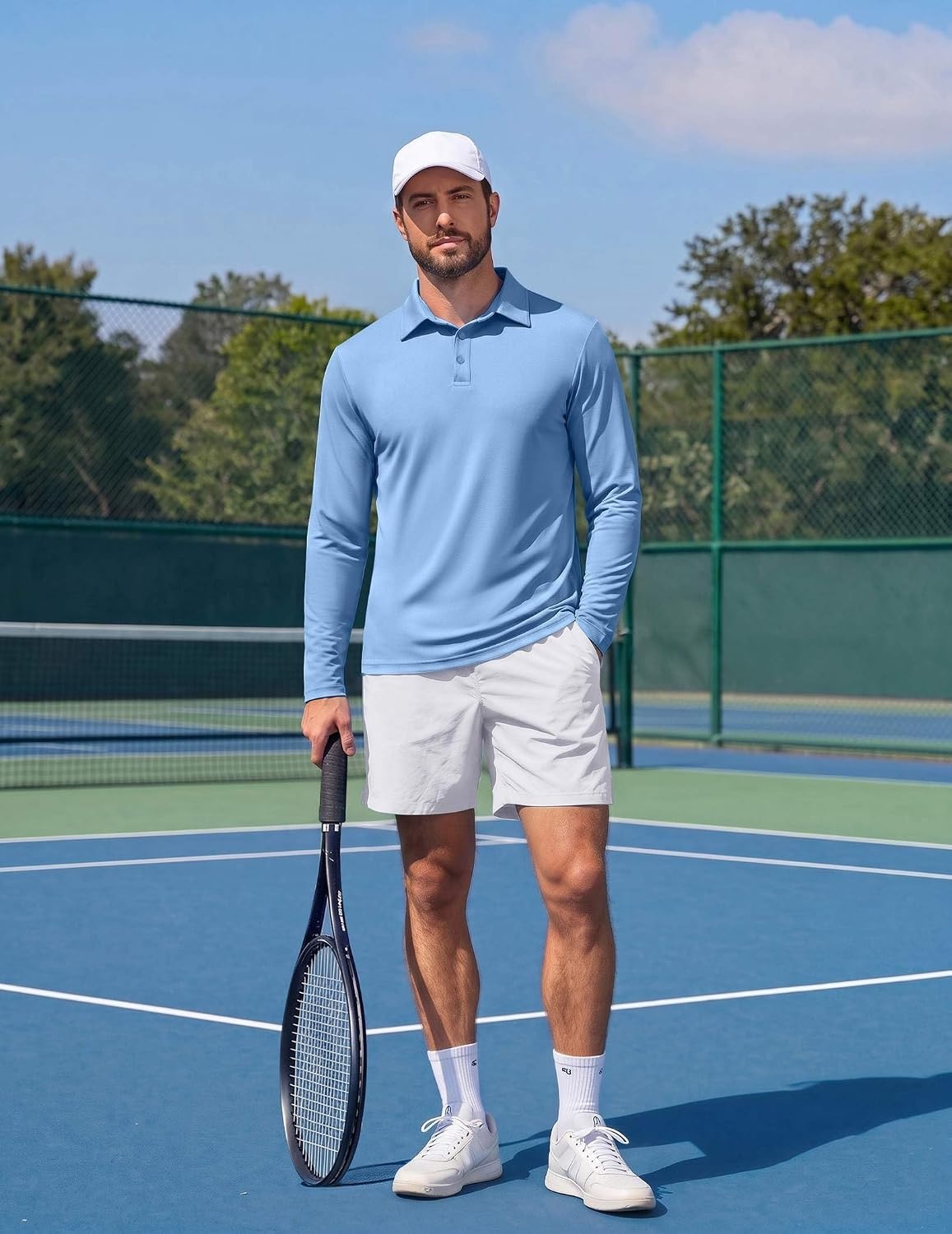 image:imageCOOFANDY Mens Polo Shirts Long Sleeve UPF 50 Moisture Wicking Golf Shirt 3 Button Lightweight Collared Shirts Shape Retaining Classic Basic Polos Ideal for Golf Tennis and Daily Casual WearSky Blue