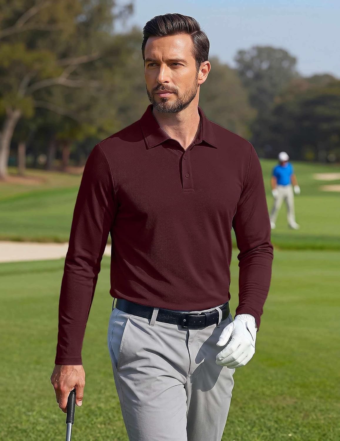 image:imageCOOFANDY Mens Polo Shirts Long Sleeve UPF 50 Moisture Wicking Golf Shirt 3 Button Lightweight Collared Shirts Shape Retaining Classic Basic Polos Ideal for Golf Tennis and Daily Casual WearWine Red