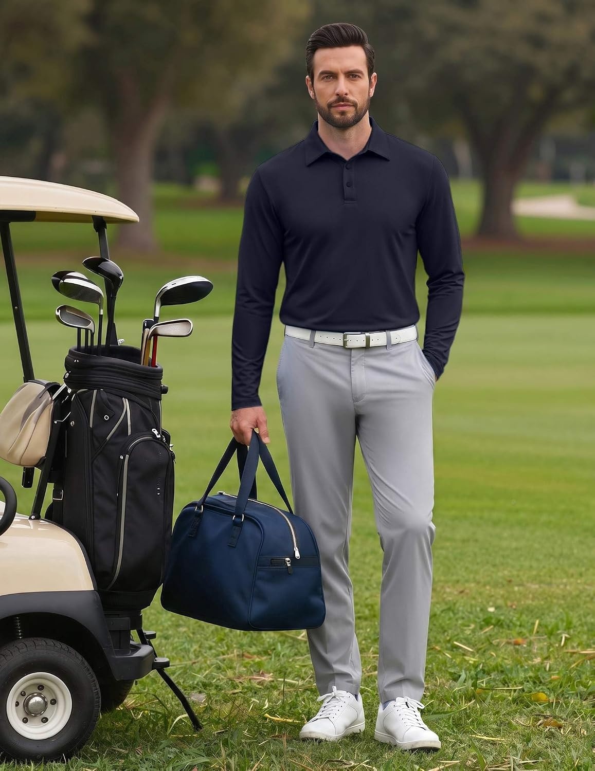 image:imageCOOFANDY Mens Polo Shirts Long Sleeve UPF 50 Moisture Wicking Golf Shirt 3 Button Lightweight Collared Shirts Shape Retaining Classic Basic Polos Ideal for Golf Tennis and Daily Casual WearNavy Blue