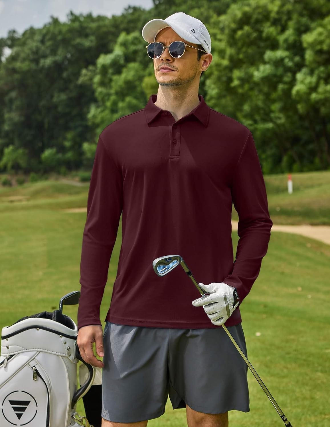 image:imageCOOFANDY Mens Polo Shirts Long Sleeve UPF 50 Moisture Wicking Golf Shirt 3 Button Lightweight Collared Shirts Shape Retaining Classic Basic Polos Ideal for Golf Tennis and Daily Casual WearWine Red