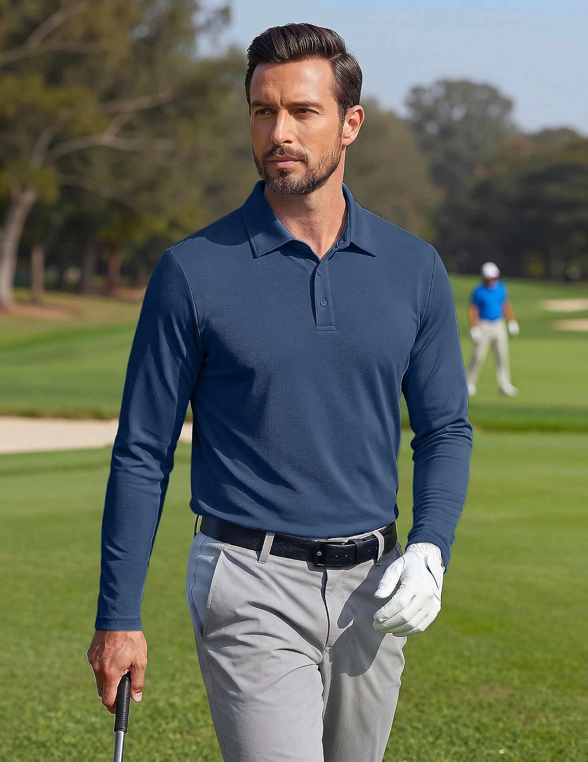 image:imageCOOFANDY Mens Polo Shirts Long Sleeve UPF 50 Moisture Wicking Golf Shirt 3 Button Lightweight Collared Shirts Shape Retaining Classic Basic Polos Ideal for Golf Tennis and Daily Casual WearDemin Blue