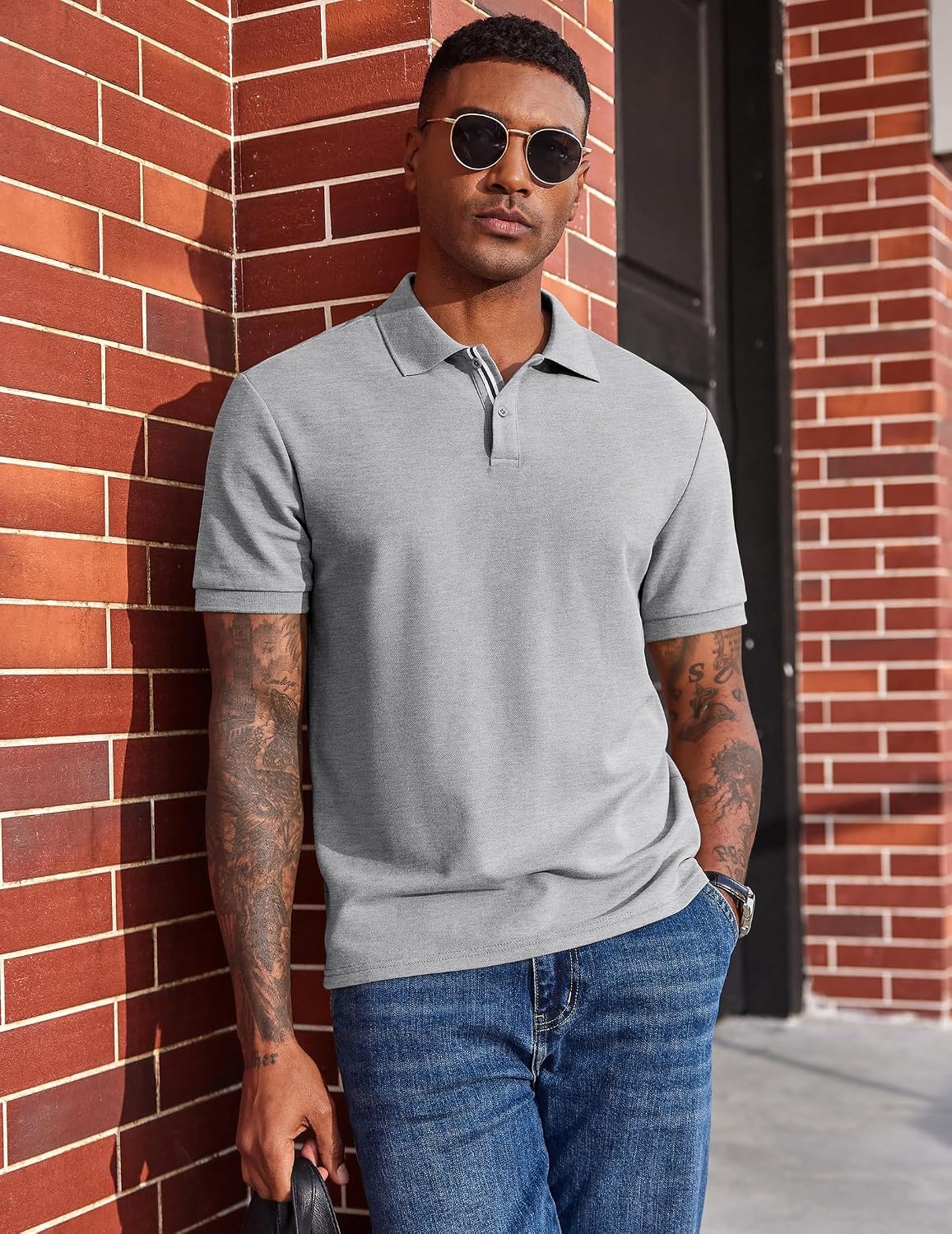 image:imageCOOFANDY Mens Polo Shirts Short Sleeve Cotton Pique Casual Button T Shirts Classic Fit Collared Golf ShirtsHeather Grey