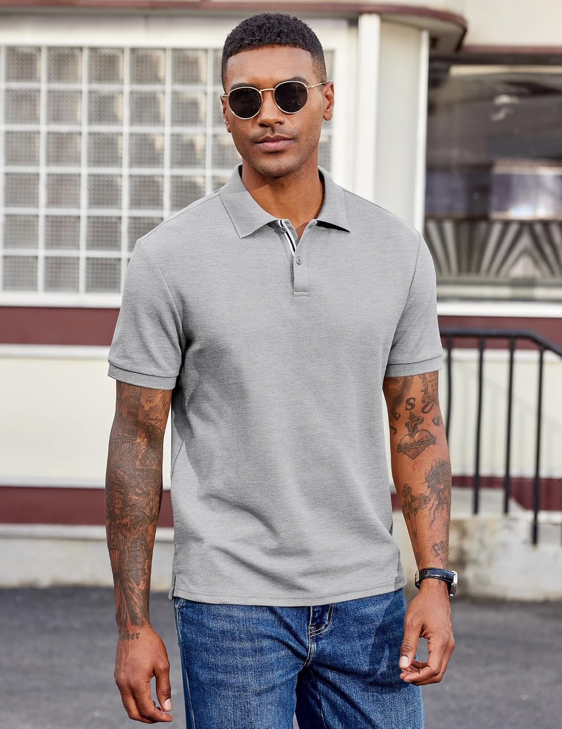 image:imageCOOFANDY Mens Polo Shirts Short Sleeve Cotton Pique Casual Button T Shirts Classic Fit Collared Golf ShirtsHeather Grey