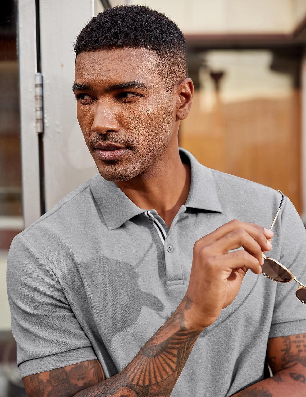 image:imageCOOFANDY Mens Polo Shirts Short Sleeve Cotton Pique Casual Button T Shirts Classic Fit Collared Golf ShirtsHeather Grey