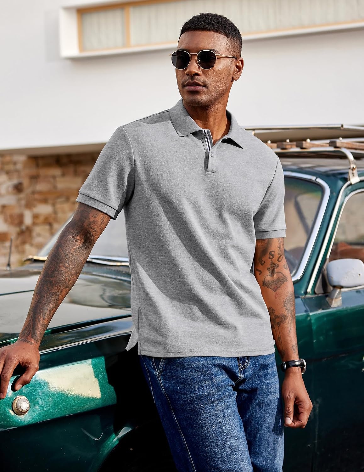 image:imageCOOFANDY Mens Polo Shirts Short Sleeve Cotton Pique Casual Button T Shirts Classic Fit Collared Golf ShirtsHeather Grey