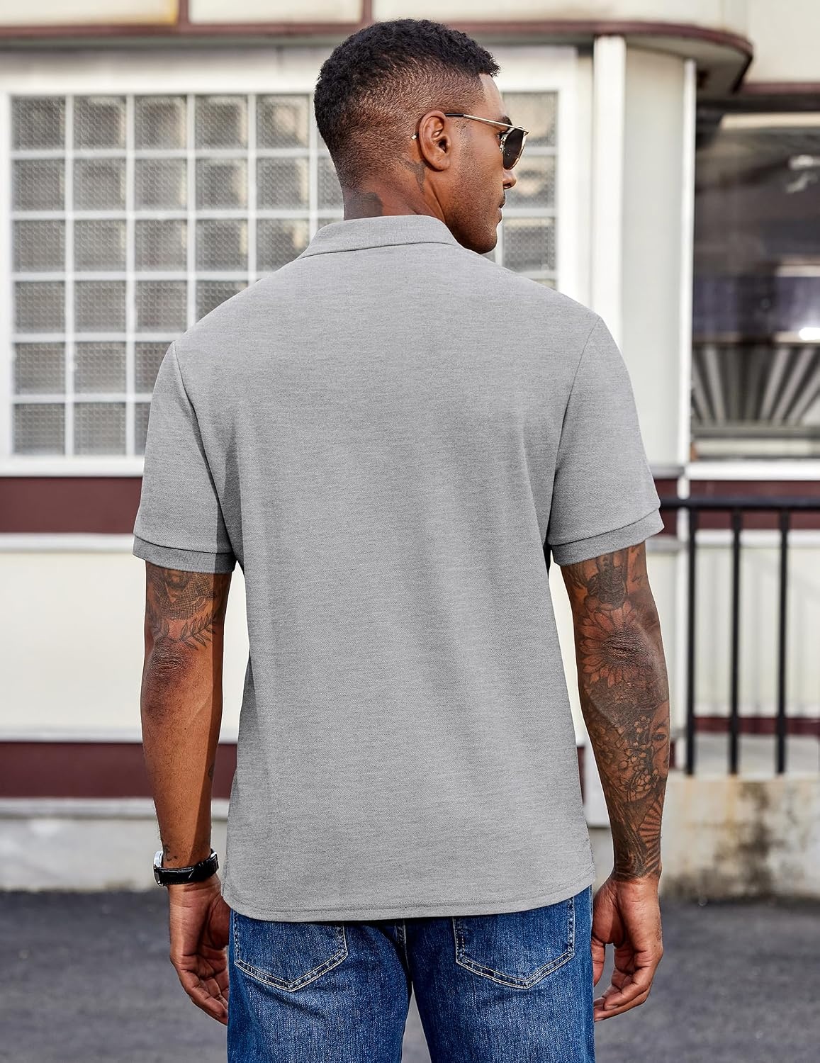 image:imageCOOFANDY Mens Polo Shirts Short Sleeve Cotton Pique Casual Button T Shirts Classic Fit Collared Golf ShirtsHeather Grey