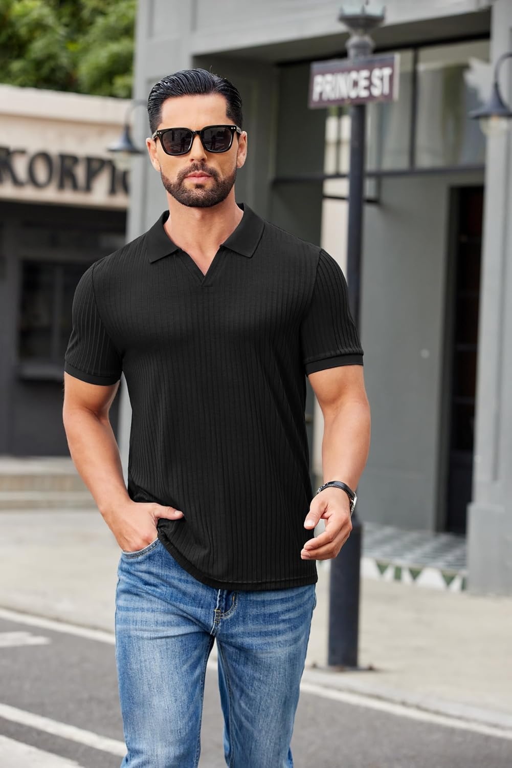 image:imageCOOFANDY Mens Ribbed Polo Shirts Short Sleeve V Neck Slim Fit Polo TShirt Casual Summer Collared Golf ShirtAblack