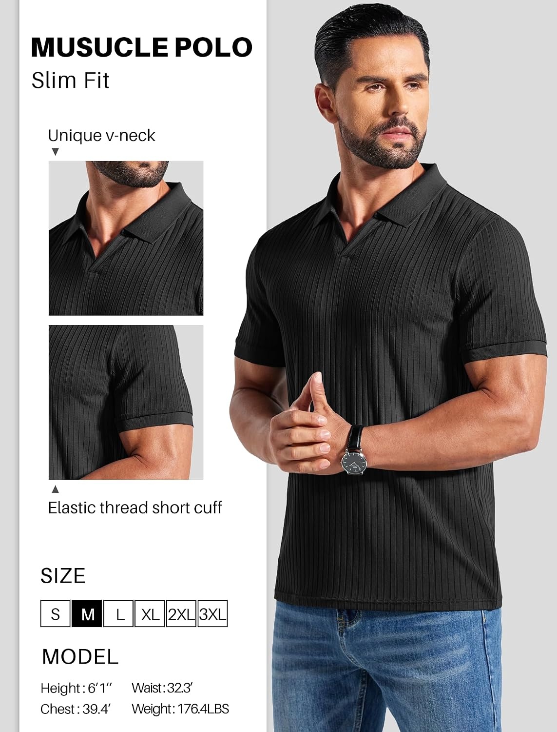 image:imageCOOFANDY Mens Ribbed Polo Shirts Short Sleeve V Neck Slim Fit Polo TShirt Casual Summer Collared Golf ShirtAblack
