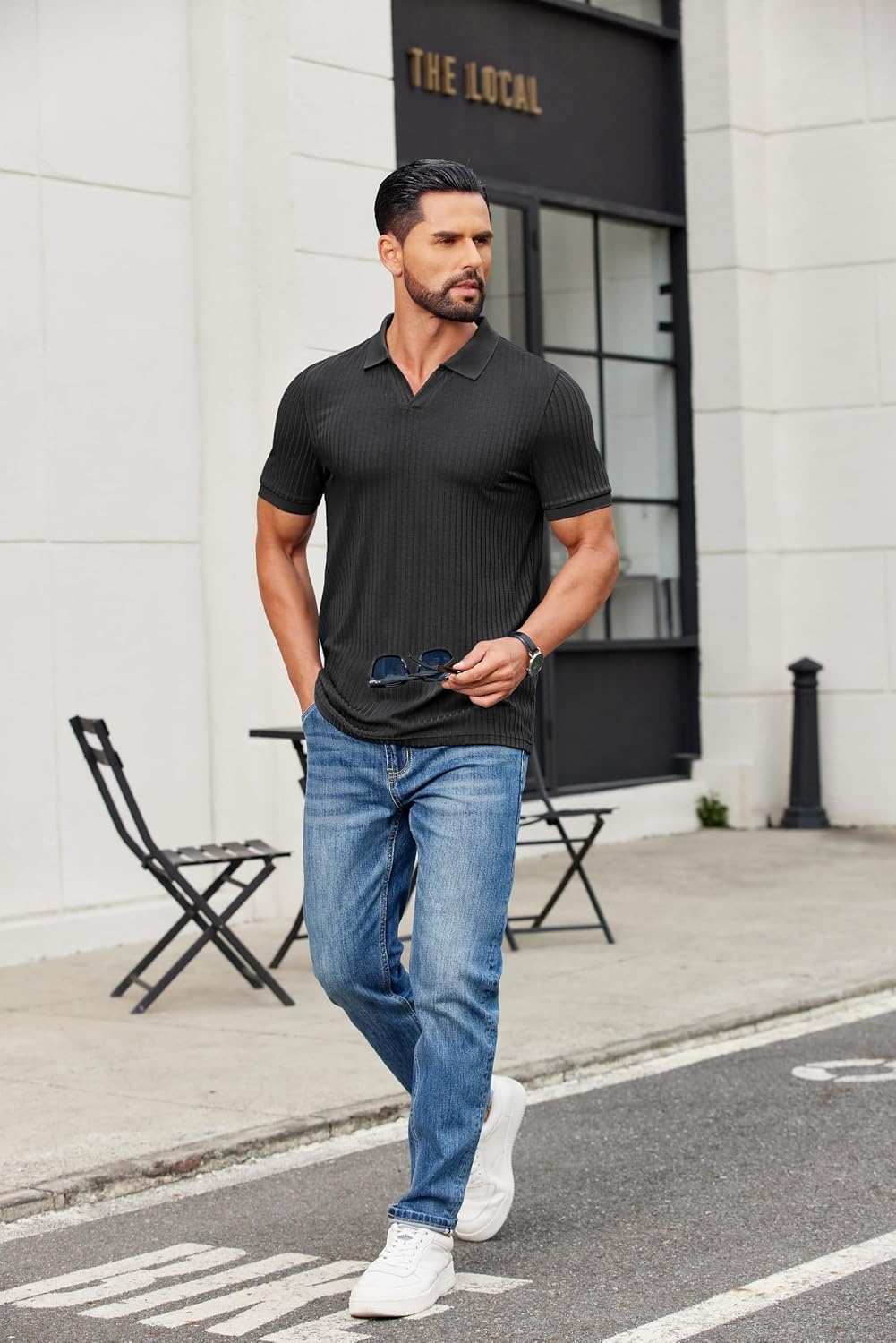 image:imageCOOFANDY Mens Ribbed Polo Shirts Short Sleeve V Neck Slim Fit Polo TShirt Casual Summer Collared Golf ShirtAblack