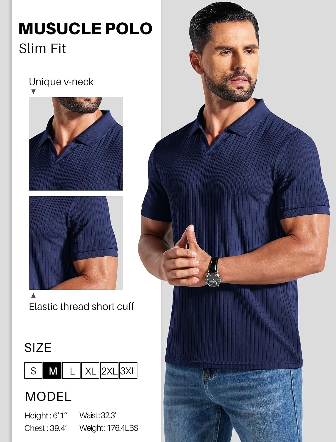 image:imageCOOFANDY Mens Ribbed Polo Shirts Short Sleeve V Neck Slim Fit Polo TShirt Casual Summer Collared Golf ShirtAnavy Blue