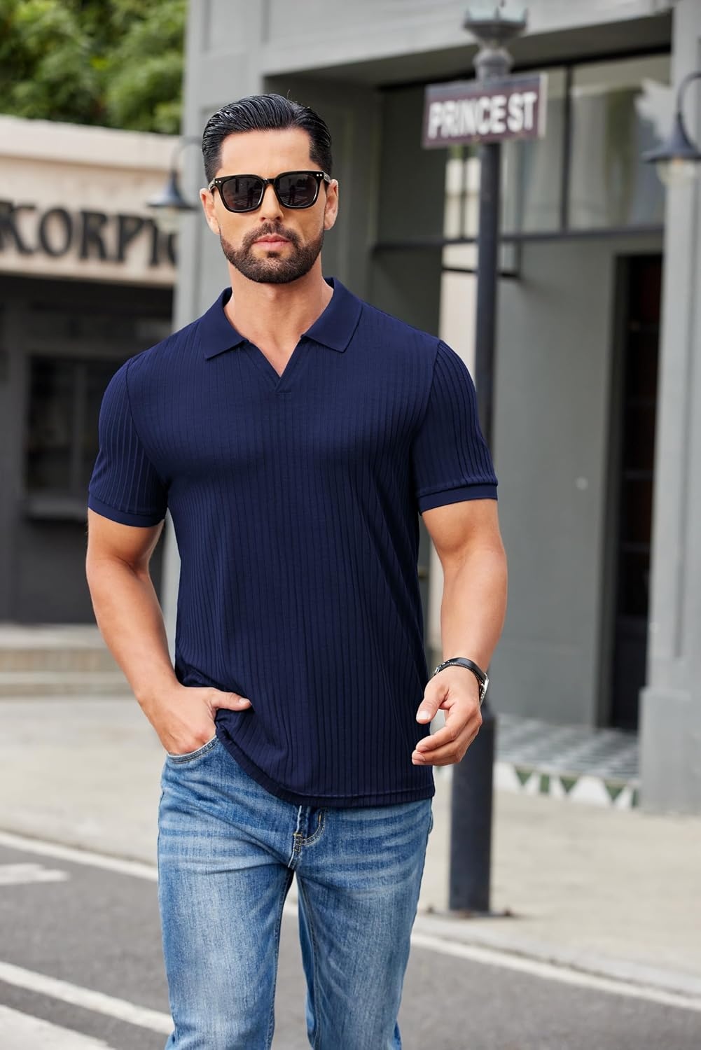 image:imageCOOFANDY Mens Ribbed Polo Shirts Short Sleeve V Neck Slim Fit Polo TShirt Casual Summer Collared Golf ShirtAnavy Blue