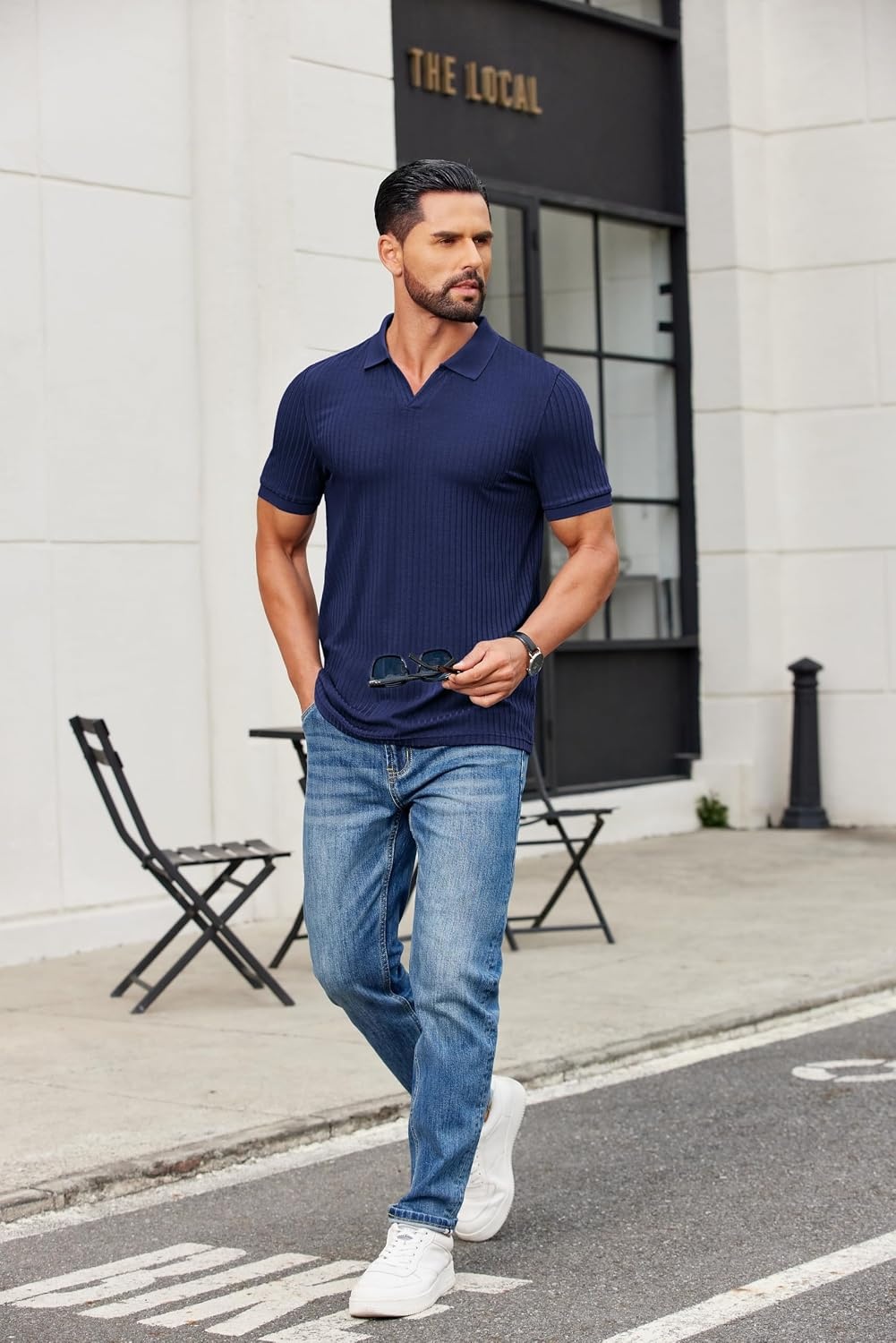 image:imageCOOFANDY Mens Ribbed Polo Shirts Short Sleeve V Neck Slim Fit Polo TShirt Casual Summer Collared Golf ShirtAnavy Blue