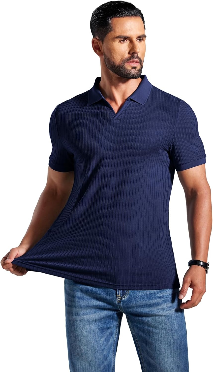 image:imageCOOFANDY Mens Ribbed Polo Shirts Short Sleeve V Neck Slim Fit Polo TShirt Casual Summer Collared Golf ShirtAnavy Blue