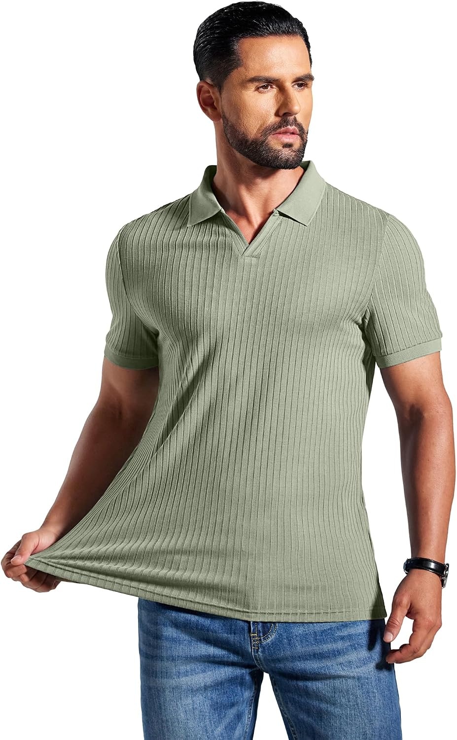 image:imageCOOFANDY Mens Ribbed Polo Shirts Short Sleeve V Neck Slim Fit Polo TShirt Casual Summer Collared Golf ShirtLight Green