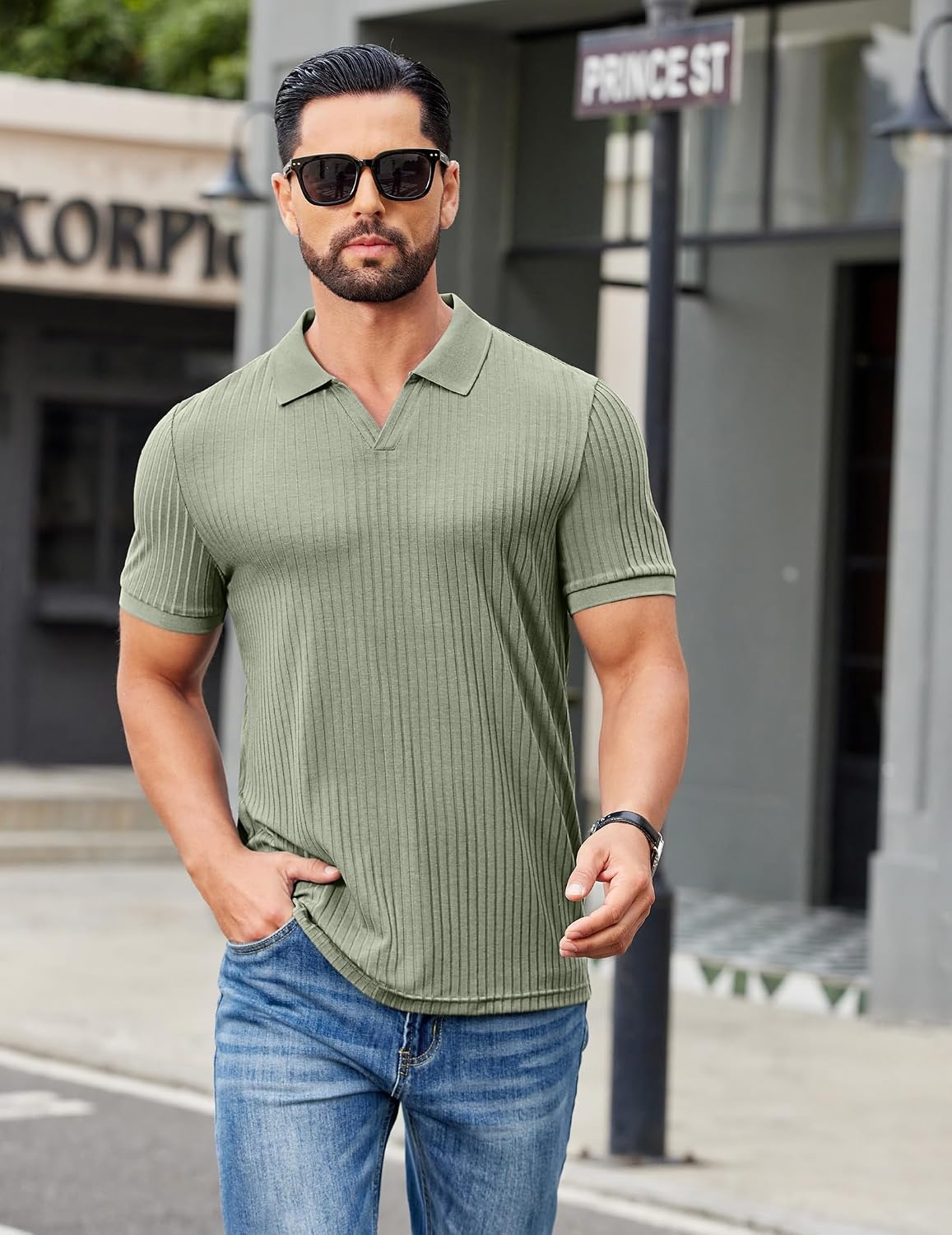 image:imageCOOFANDY Mens Ribbed Polo Shirts Short Sleeve V Neck Slim Fit Polo TShirt Casual Summer Collared Golf ShirtLight Green