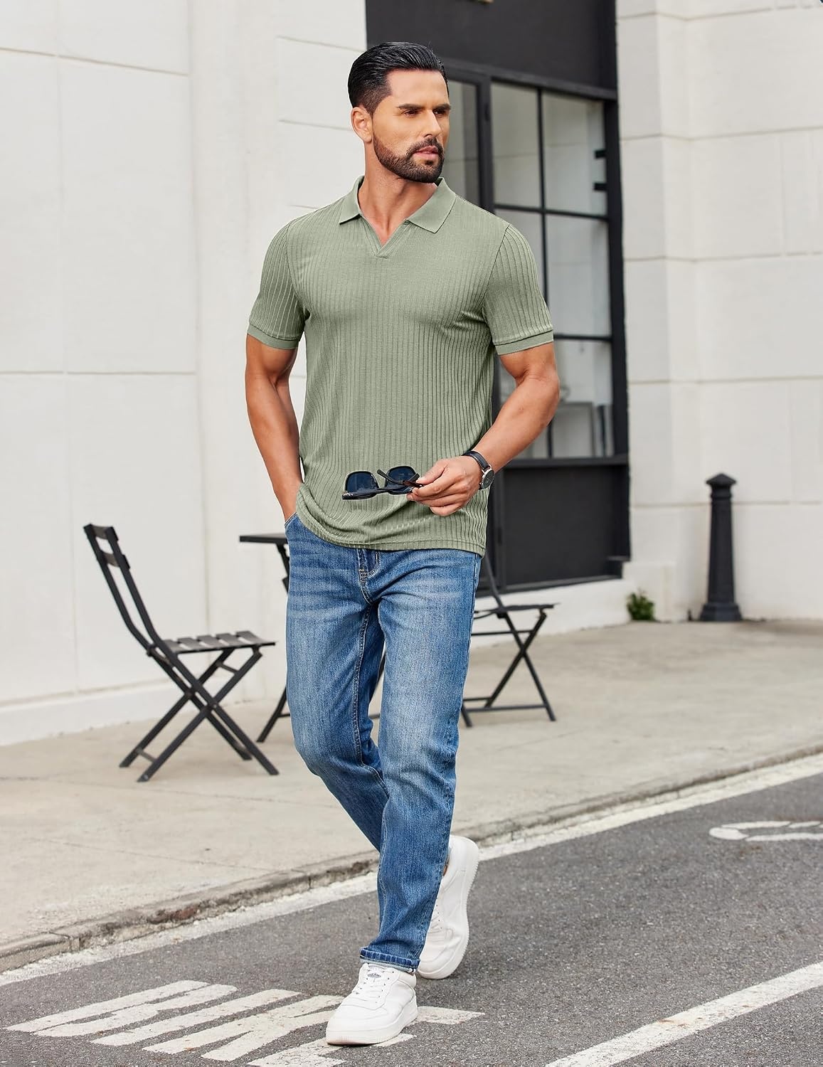 image:imageCOOFANDY Mens Ribbed Polo Shirts Short Sleeve V Neck Slim Fit Polo TShirt Casual Summer Collared Golf ShirtLight Green