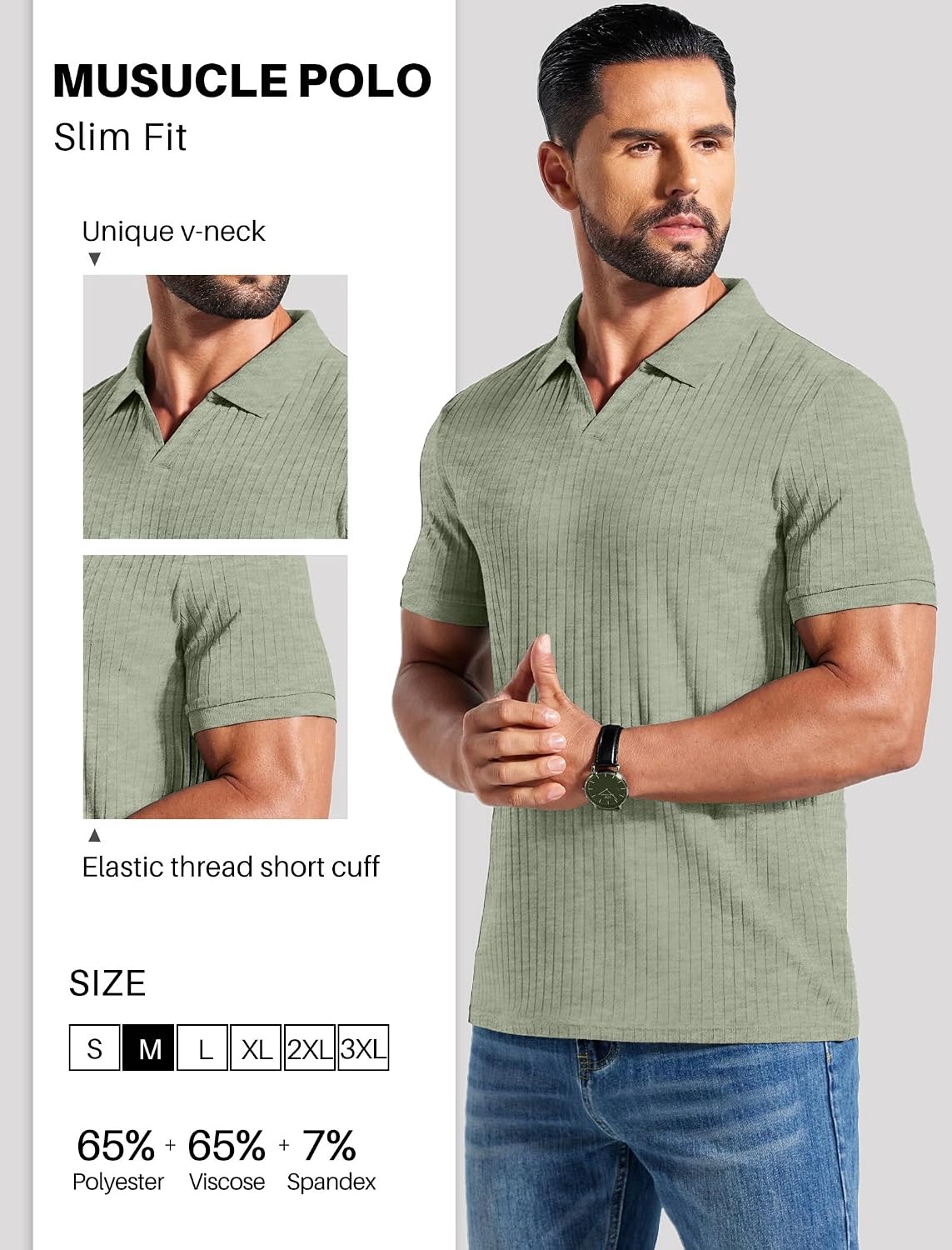 image:imageCOOFANDY Mens Ribbed Polo Shirts Short Sleeve V Neck Slim Fit Polo TShirt Casual Summer Collared Golf ShirtLight Green