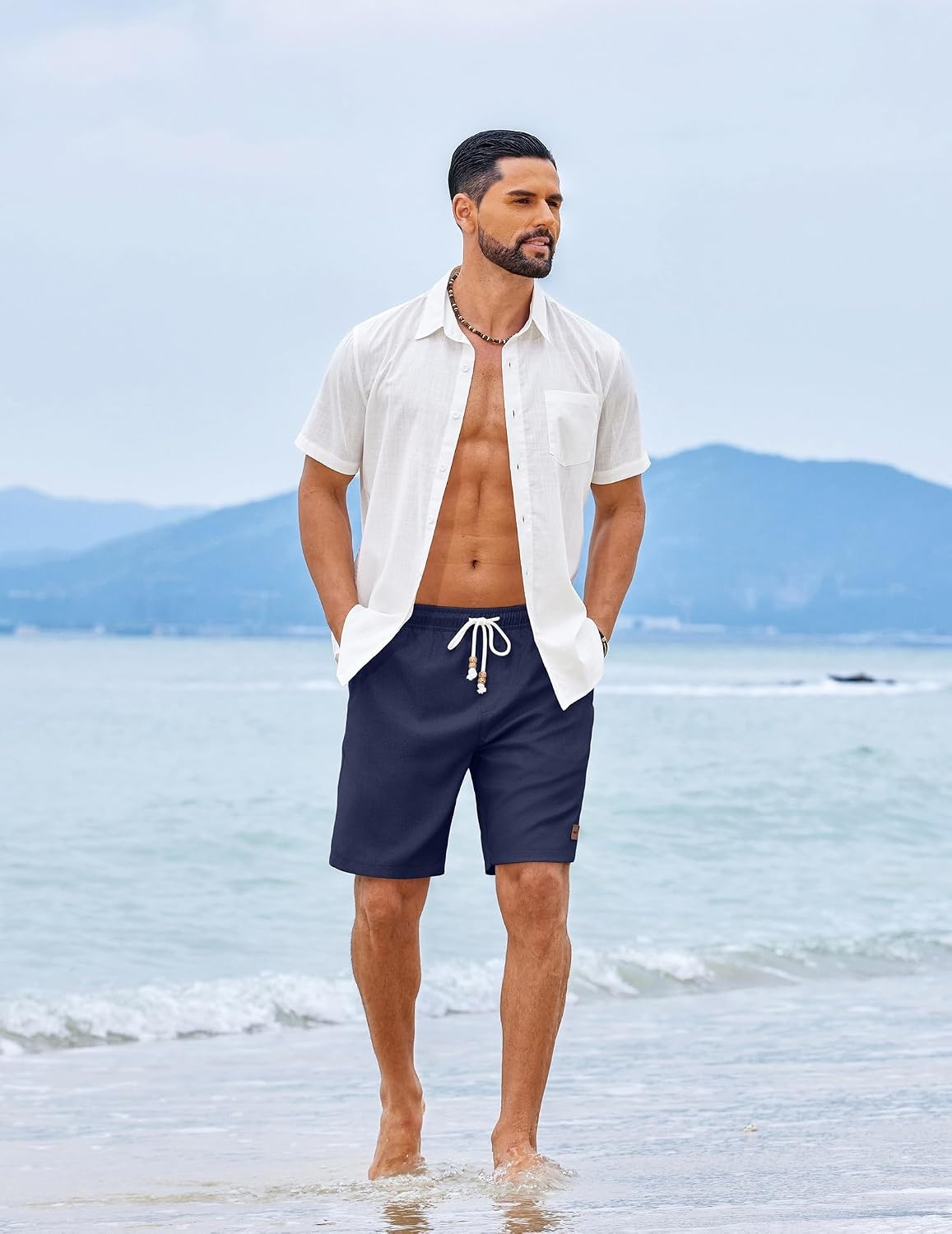 image:imageCOOFANDY Mens Summer Beach Shorts Casual Vacation Shorts Drawstring Shorts Elastic Waist Lightweight Stretch Short 9 Inch Inseam Slim Fit Holiday Vacation Shorts Flat Front Short Hawaiian StyleNavy Blue