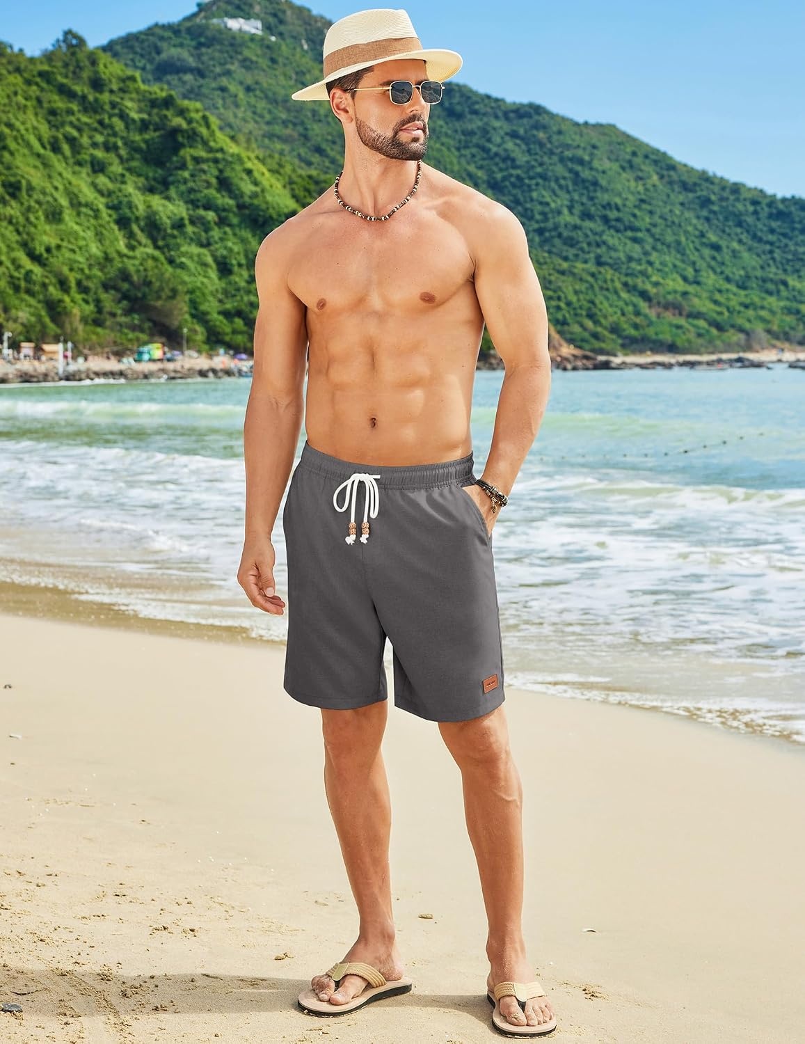 image:imageCOOFANDY Mens Summer Beach Shorts Casual Vacation Shorts Drawstring Shorts Elastic Waist Lightweight Stretch Short 9 Inch Inseam Slim Fit Holiday Vacation Shorts Flat Front Short Hawaiian StyleDark Grey