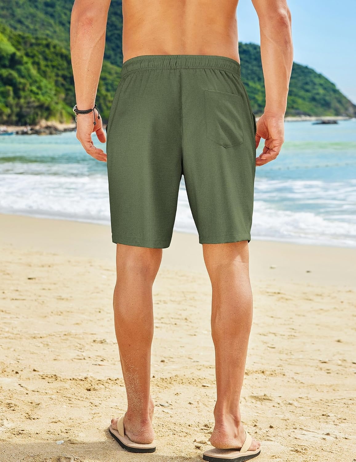 image:imageCOOFANDY Mens Summer Beach Shorts Casual Vacation Shorts Drawstring Shorts Elastic Waist Lightweight Stretch Short 9 Inch Inseam Slim Fit Holiday Vacation Shorts Flat Front Short Hawaiian StyleArmy Green