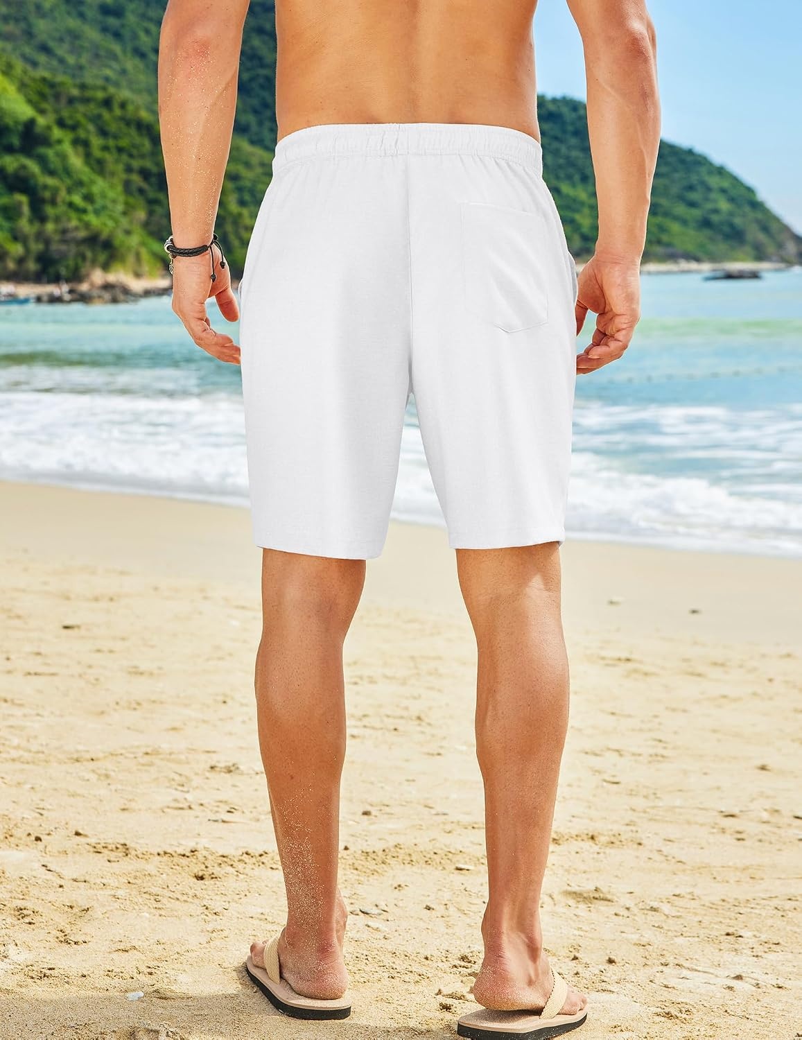 image:imageCOOFANDY Mens Summer Beach Shorts Casual Vacation Shorts Drawstring Shorts Elastic Waist Lightweight Stretch Short 9 Inch Inseam Slim Fit Holiday Vacation Shorts Flat Front Short Hawaiian StyleWhite and Khaki
