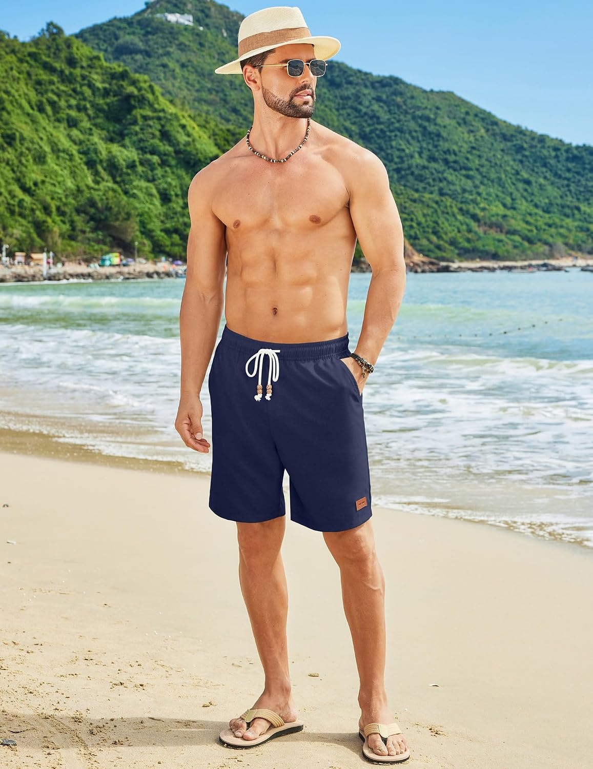 image:imageCOOFANDY Mens Summer Beach Shorts Casual Vacation Shorts Drawstring Shorts Elastic Waist Lightweight Stretch Short 9 Inch Inseam Slim Fit Holiday Vacation Shorts Flat Front Short Hawaiian StyleNavy Blue