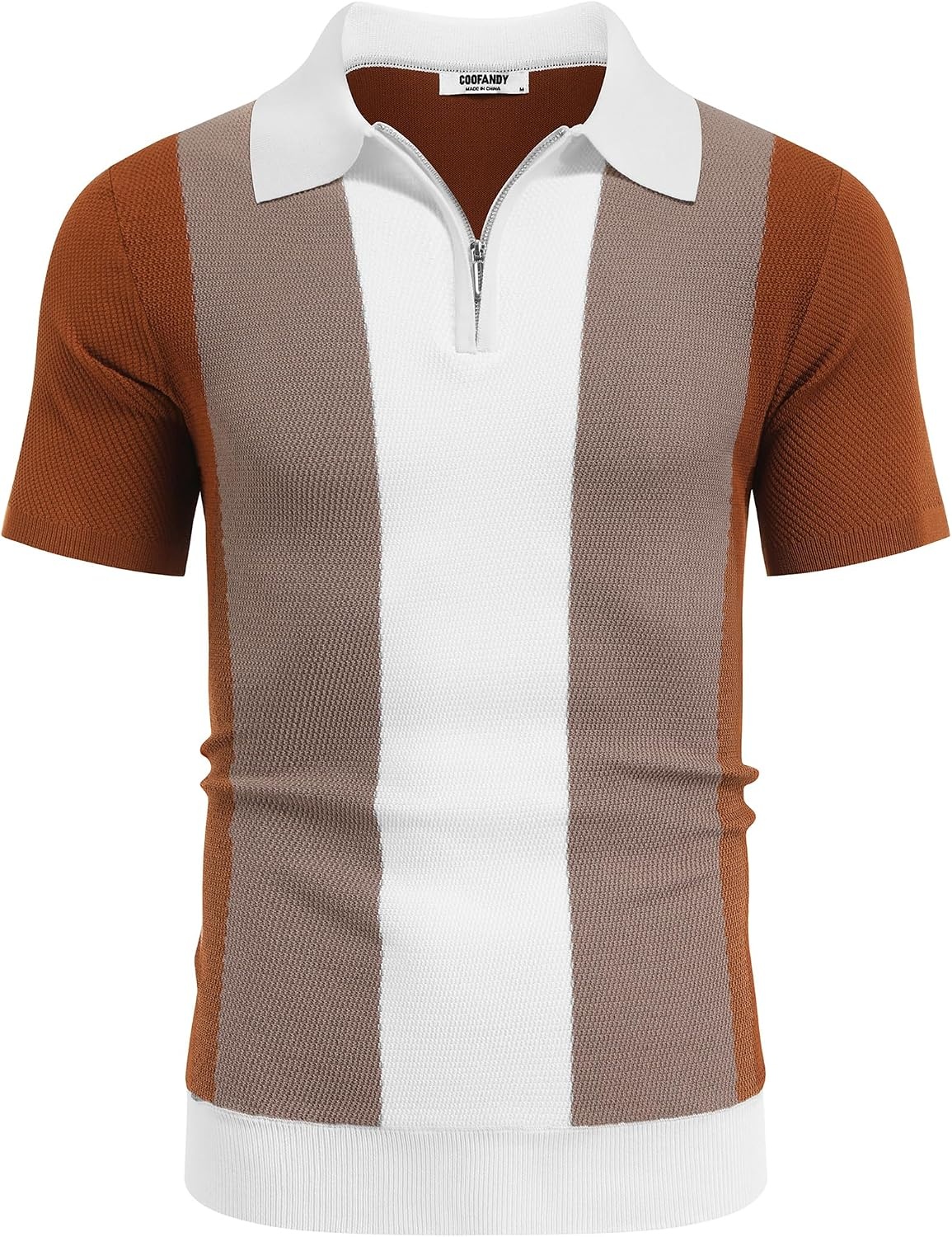 image:imageCOOFANDY Mens Textured Knit Polo Shirts Zipper Polo Shirts Short Sleeve Casual Lightweight Golf ShirtStripes Brown White