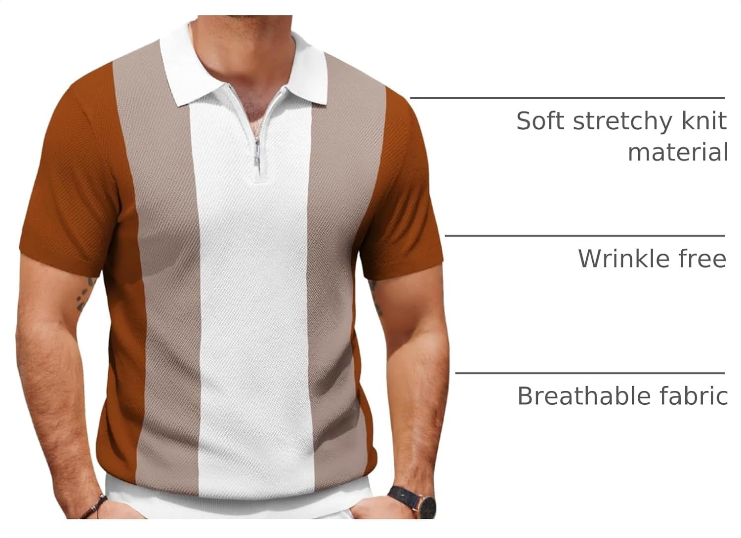 image:imageCOOFANDY Mens Textured Knit Polo Shirts Zipper Polo Shirts Short Sleeve Casual Lightweight Golf ShirtStripes Brown White