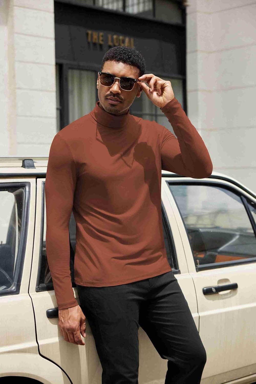 image:imageCOOFANDY Mens Turtleneck Shirts Slim Fit Shirt Tops Lightweight Pullover Thermal Sweater Casual Long Sleeve ShirtCaramel