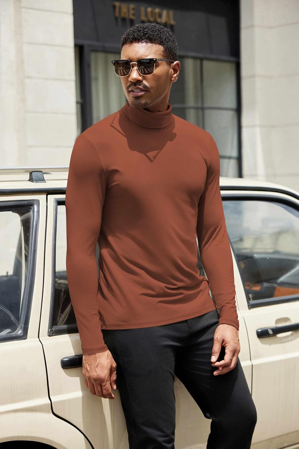 image:imageCOOFANDY Mens Turtleneck Shirts Slim Fit Shirt Tops Lightweight Pullover Thermal Sweater Casual Long Sleeve ShirtCaramel
