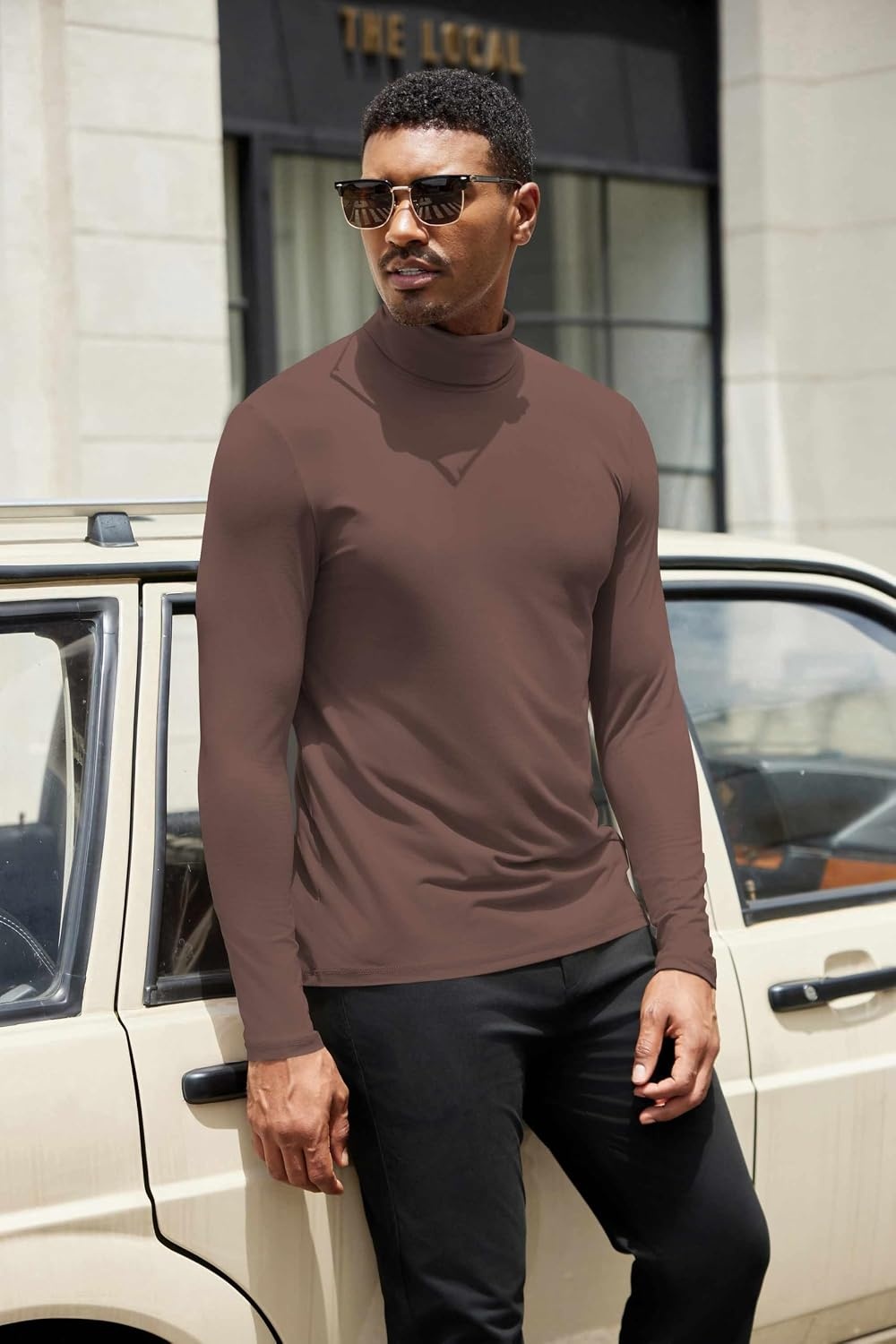 image:imageCOOFANDY Mens Turtleneck Shirts Slim Fit Shirt Tops Lightweight Pullover Thermal Sweater Casual Long Sleeve ShirtGray Brown
