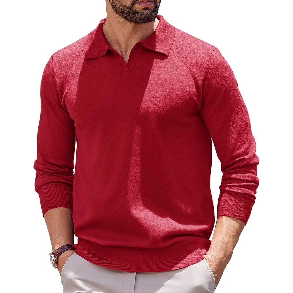 image:imageCOOFANDY Long Sleeve Polo Shirts for Men Pullover Sweaters Knit Polo Shirt Vintage VNeck PoloRetro Open CollarSoft Breathable KnitStretch Ribbed Cuffs amp HemVacation Casual StyleBusinessRed