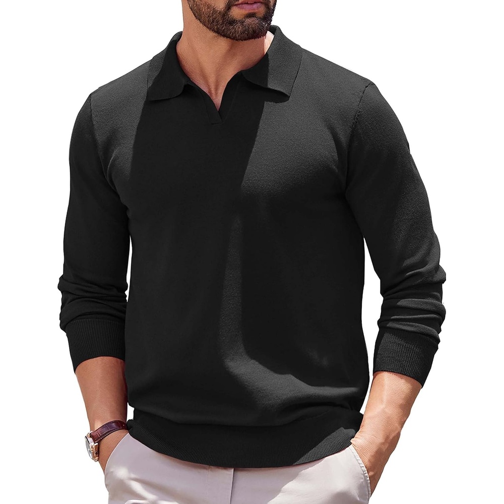 image:imageCOOFANDY Long Sleeve Polo Shirts for Men Pullover Sweaters Knit Polo Shirt  Vintage VNeck PoloRetro Open CollarSoft Breathable KnitStretch Ribbed Cuffs amp HemVacation Casual StyleBusinessBlack