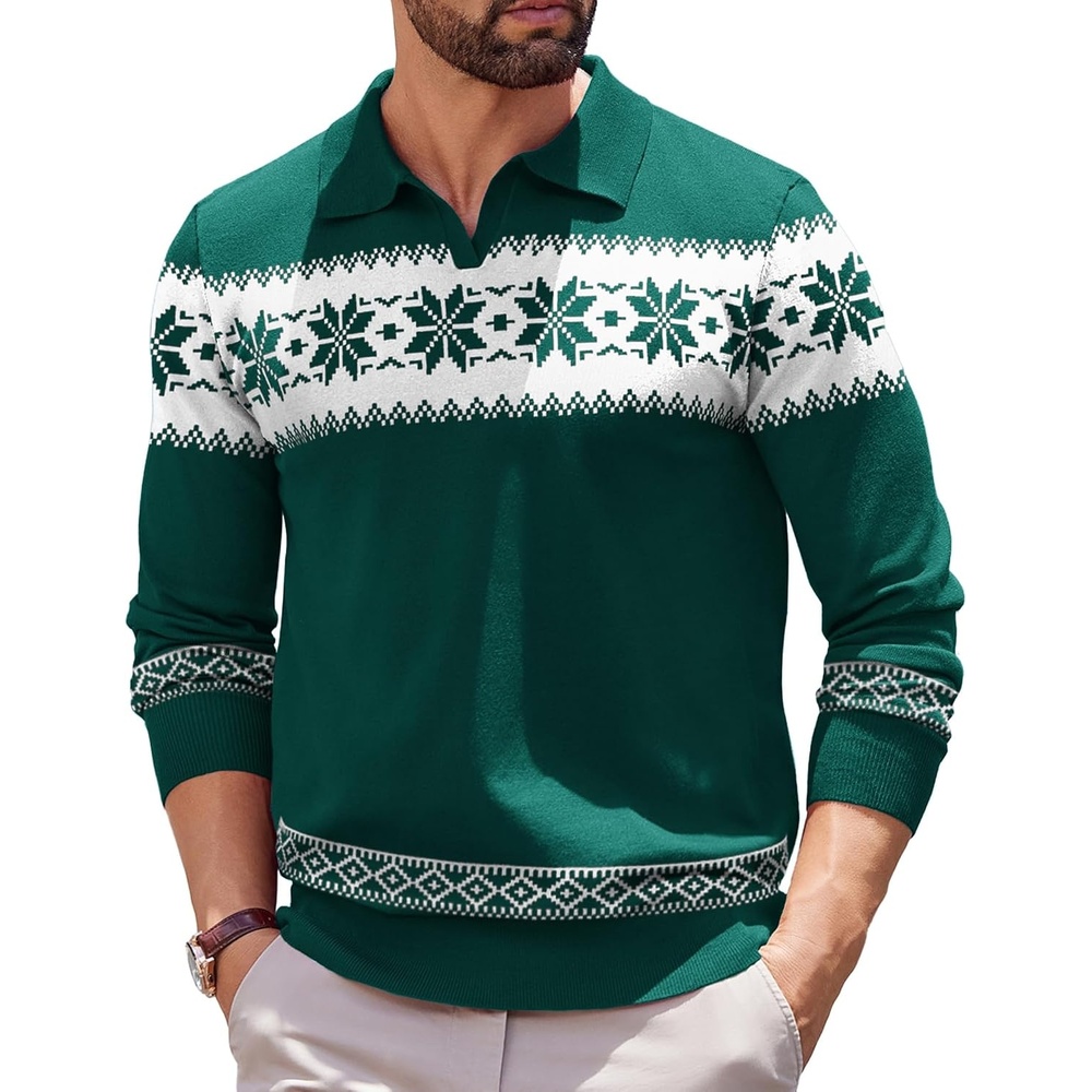 image:imageCOOFANDY Long Sleeve Polo Shirts for Men Pullover Sweaters Knit Polo Shirt Vintage VNeck PoloRetro Open CollarSoft Breathable KnitStretch Ribbed Cuffs amp HemVacation Casual StyleBusinessChristmas Green White