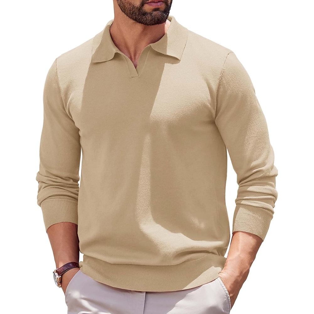 image:imageCOOFANDY Long Sleeve Polo Shirts for Men Pullover Sweaters Knit Polo Shirt Vintage VNeck PoloRetro Open CollarSoft Breathable KnitStretch Ribbed Cuffs amp HemVacation Casual StyleBusinessKhaki