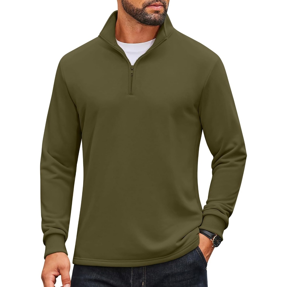 image:imageCOOFANDY Men Quarter Zip Pullover Sweatshirts Long Sleeve Mock Neck Sweater  14 Closure HalfOpening Quilted Texture Fleece Standup Collar Business Casual Golfing Thermal Ribbed CuffsArmy Green