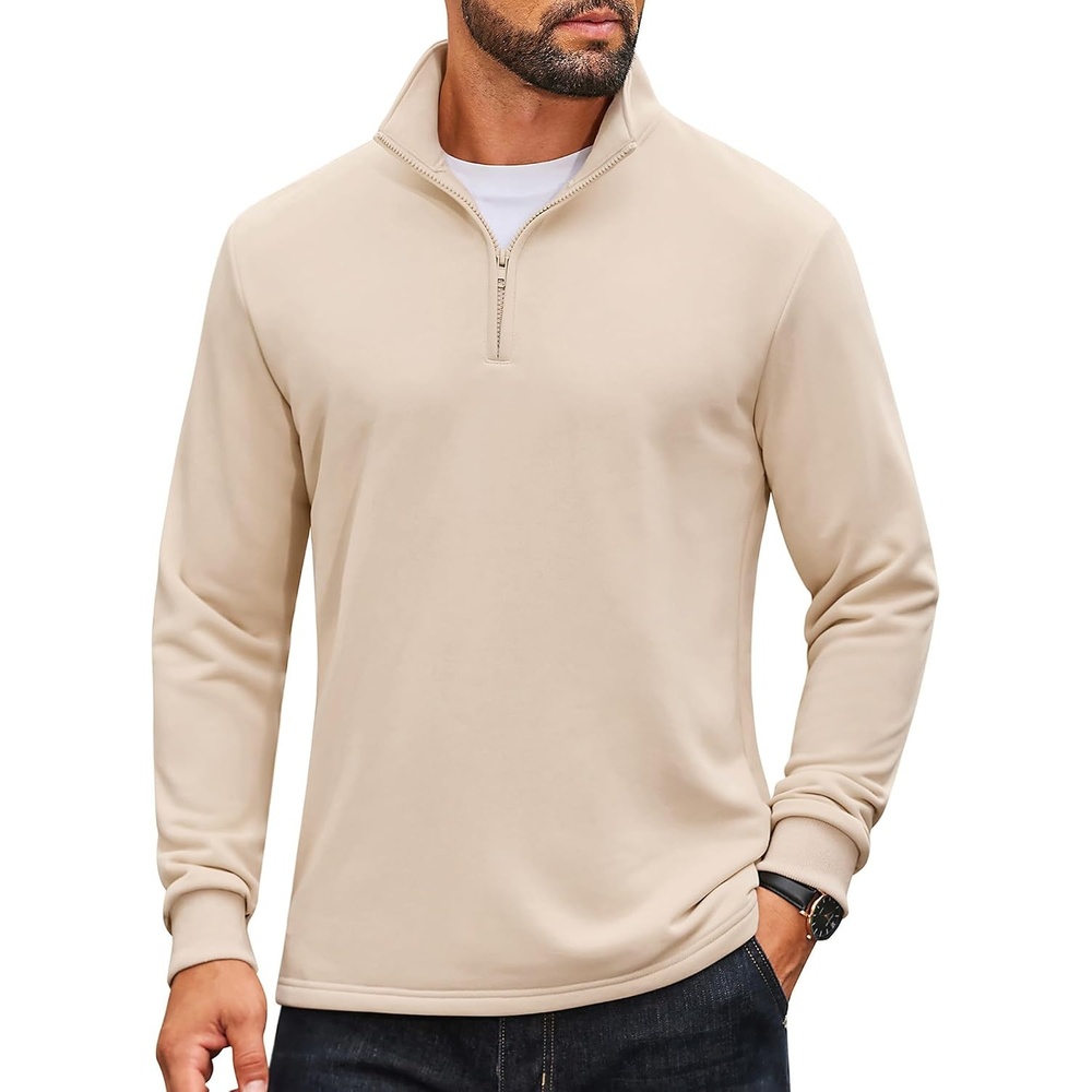 image:imageCOOFANDY Men Quarter Zip Pullover Sweatshirts Long Sleeve Mock Neck Sweater 14 Closure HalfOpening Quilted Texture Fleece Standup Collar Business Casual Golfing Thermal Ribbed CuffsBeige