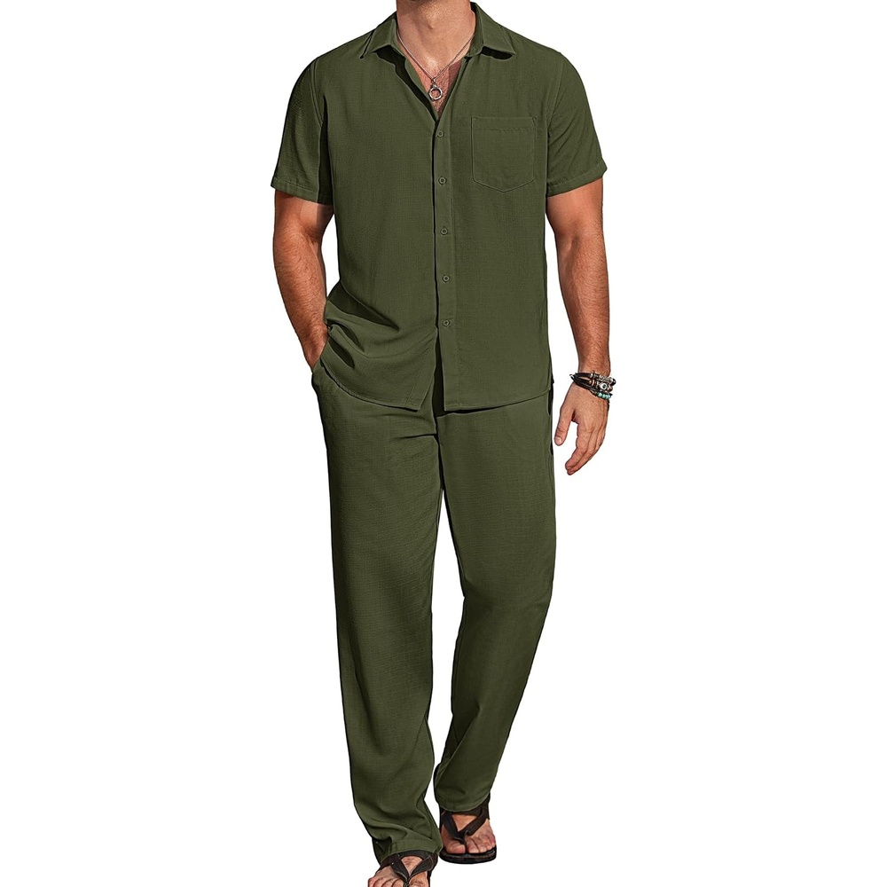image:imageCOOFANDY Mens 2 Piece Casual Beach Set Button Down Shirt and Loose Pants 2 Piece Linen SetLightweightCasual Beach WearVacation Walking OutfitsFaux Linen TextureArmy Green