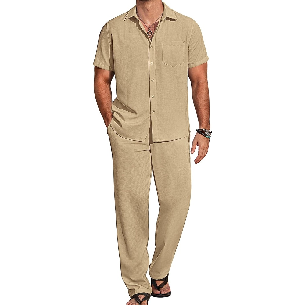 image:imageCOOFANDY Mens 2 Piece Casual Beach Set Button Down Shirt and Loose Pants  2 Piece Linen SetLightweightCasual Beach WearVacation Walking OutfitsFaux Linen TextureKhaki