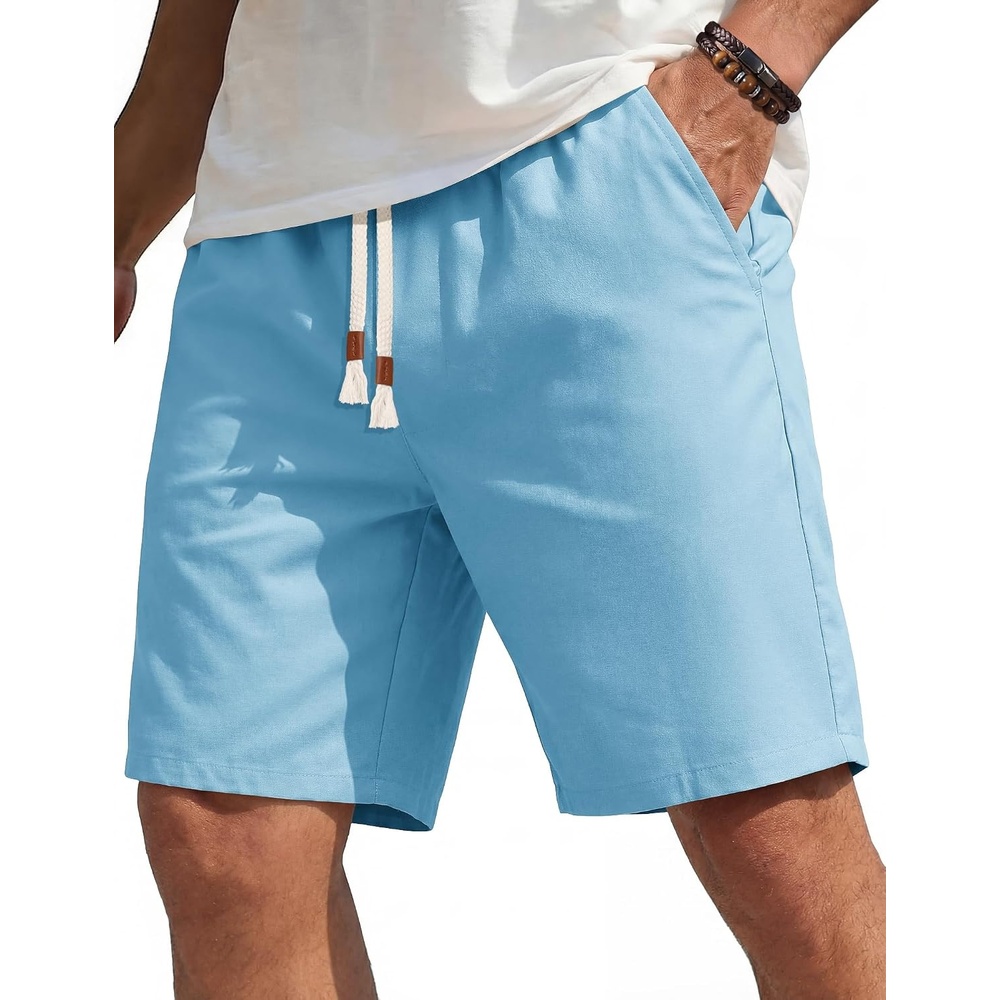 image:imageCOOFANDY Mens Casual Cotton Linen Shorts Elastic Waist Drawstring Shorts  Stretch Linen Chino Lightweight Breathable Flat Front Phone Pockets Regular Fit 9 Inch Inseam Summer Beach VacationLight Blue