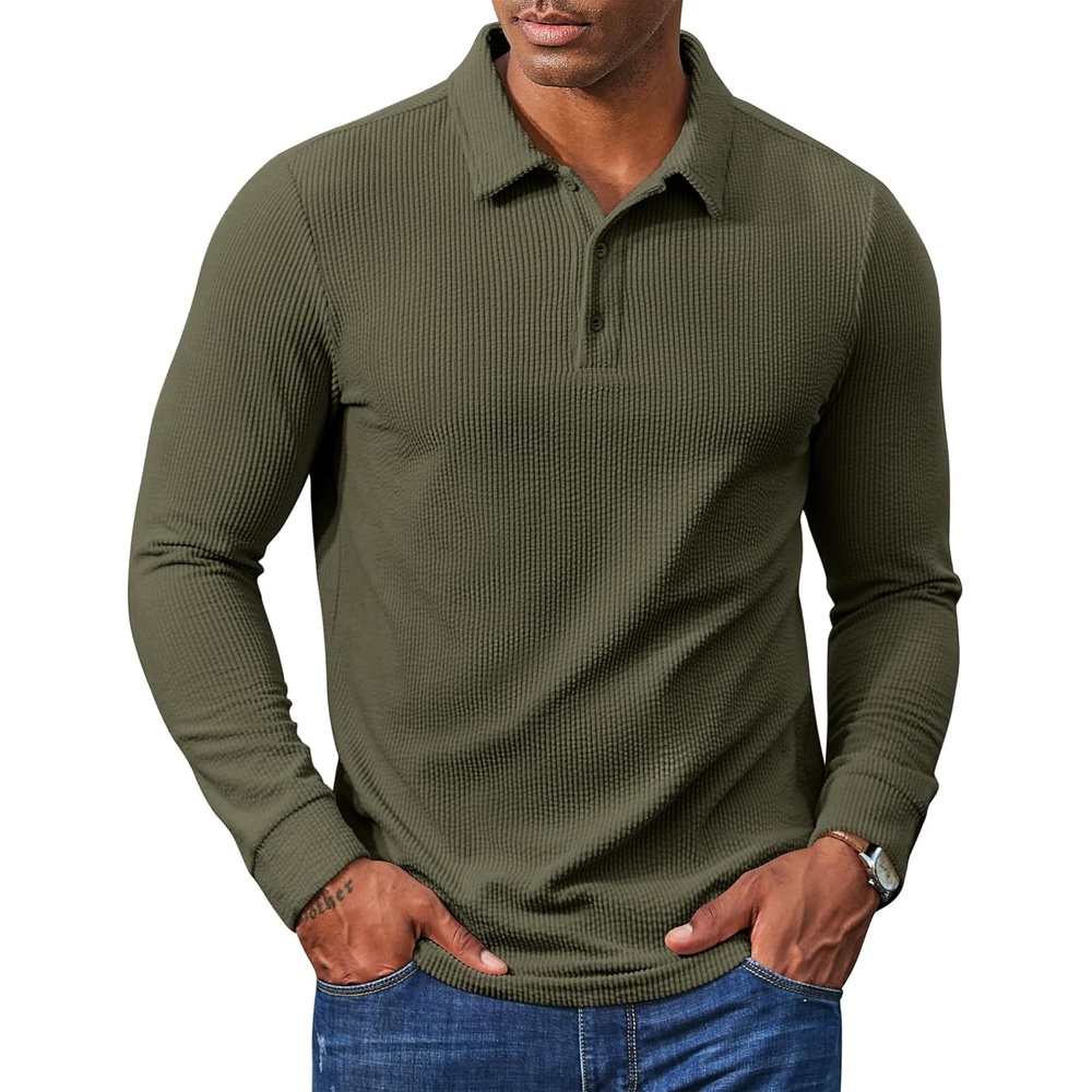 image:imageCOOFANDY Mens Corduroy Long Sleeve Polo Shirts Collared Pullover Textured Soft Lightweight Classic Quarter Button Placket Regular Fit Fall Fashion Business Casual Work WearArmy Green