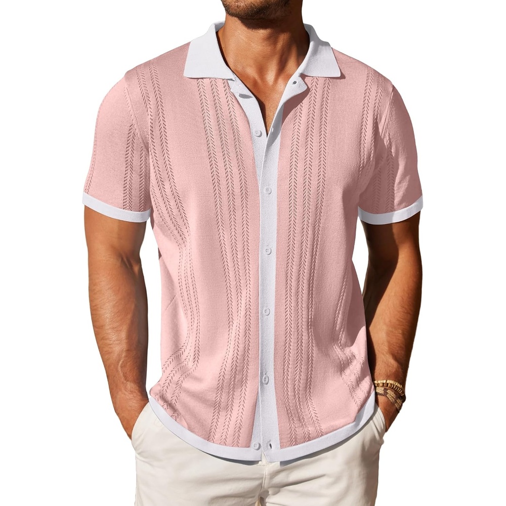image:imageCOOFANDY Mens Knit Button Down Shirt Vintage Short Sleeve Polo Shirts Casual Beach TopsPink White
