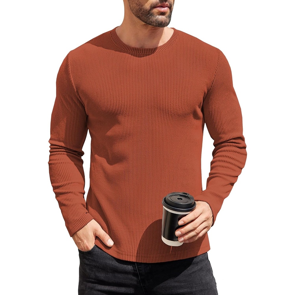 image:imageCOOFANDY Mens Long Sleeve Shirts Thermal TShirt Slim Fit Crewneck Sweater Knitted Pullover ShirtCaramel