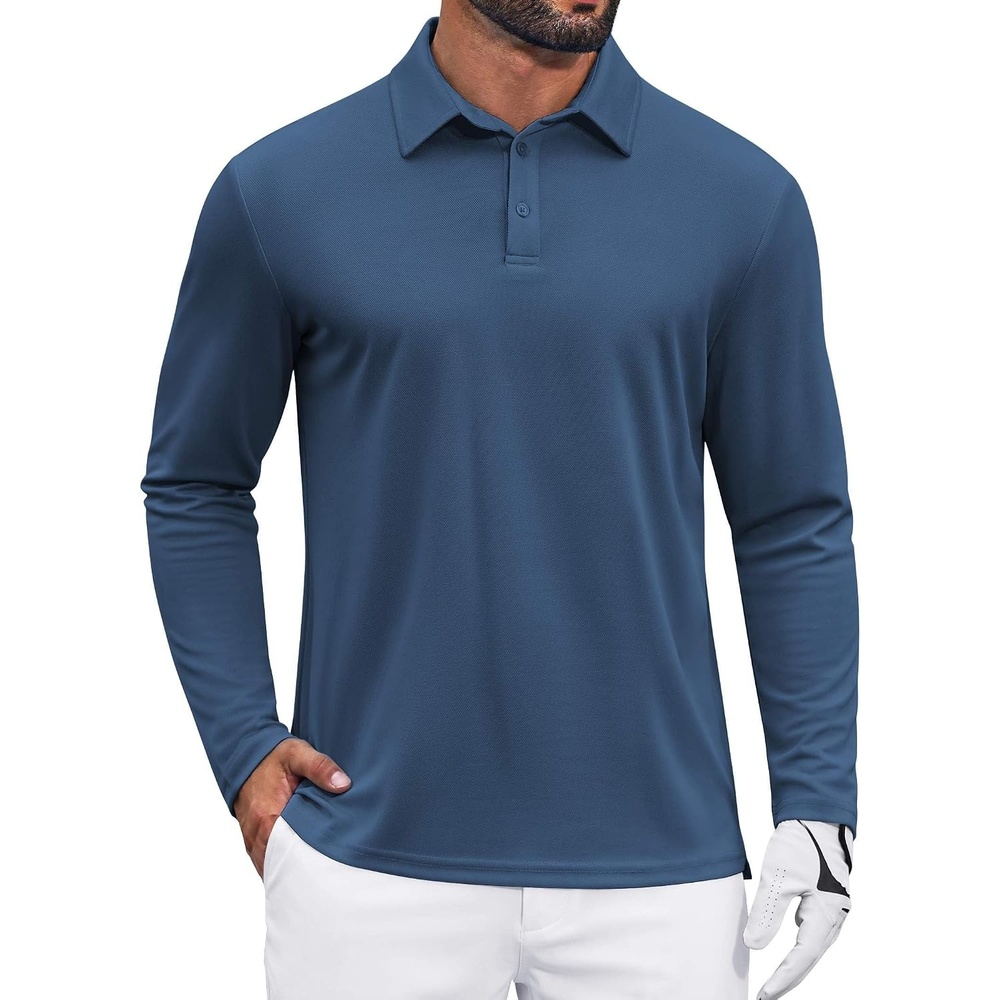 image:imageCOOFANDY Mens Polo Shirts Long Sleeve UPF 50 Moisture Wicking Golf Shirt 3 Button Lightweight Collared Shirts Shape Retaining Classic Basic Polos Ideal for Golf Tennis and Daily Casual WearDemin Blue